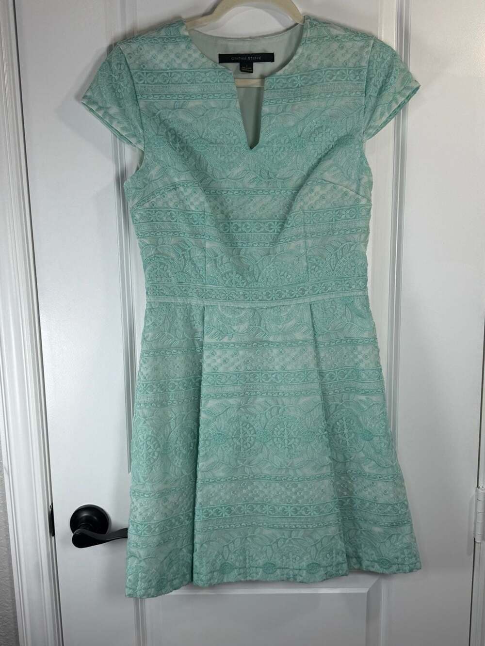 Cynthia Steffe Sea Green Lace Short Sleeve Pleated Fit and Flare Mini Dress - Picture 1 of 8